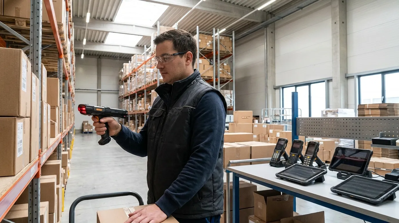 Mitarbeiter scannt Waren im modernen Lager