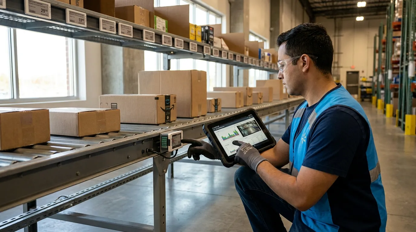 Techniker prüft vernetzte Lagertechnik mit Tablet