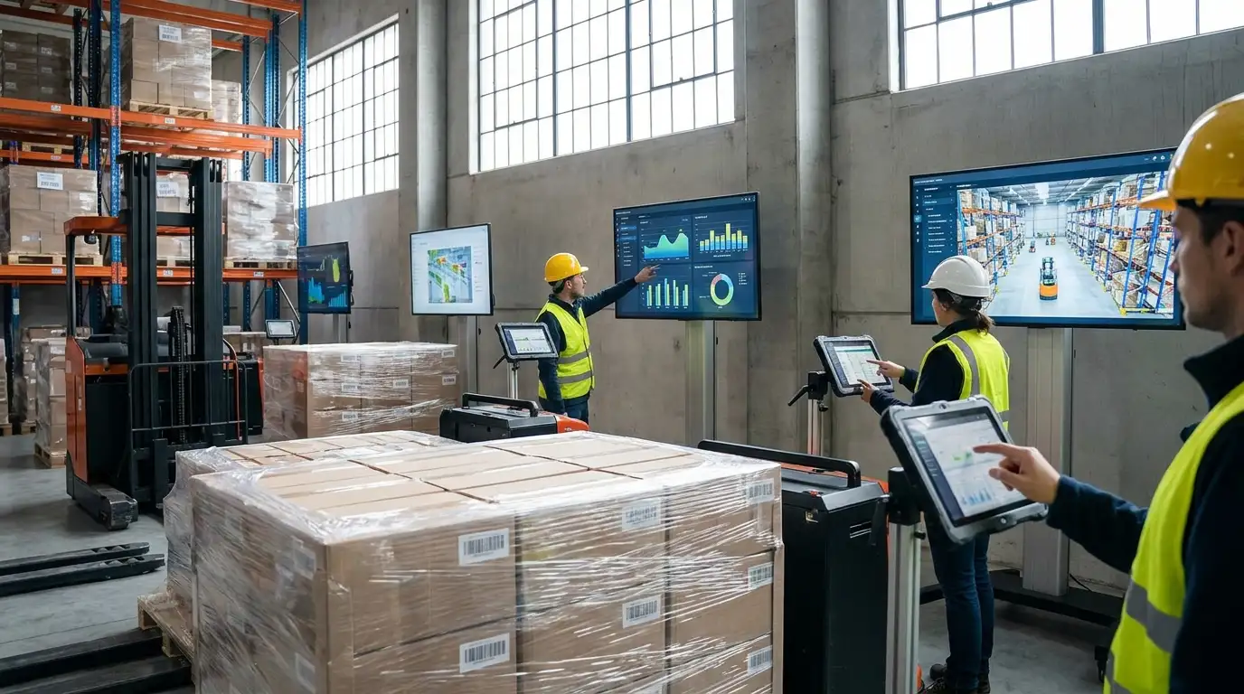 Leitstand in Logistik oder Handel mit Wanddisplays für Kennzahlen, Schichtinformationen und visuelle Kommunikation, natürliches Licht, realistische Texturen, kein Text im Bild