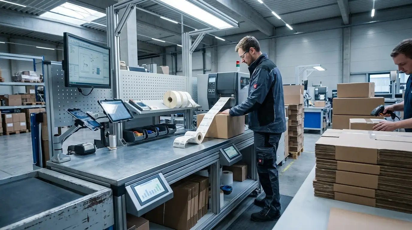 Versandarbeitsplatz mit moderner Etikettierung im Lager