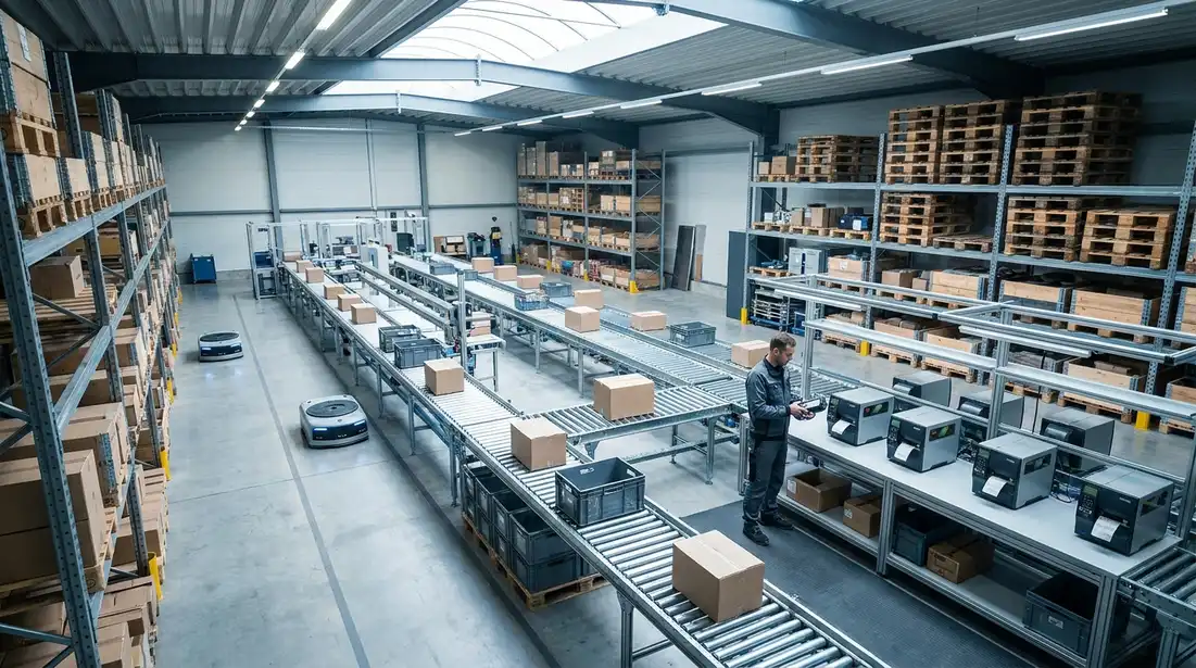 Automatisiertes Lager mit Fördertechnik und mobilen Robotern