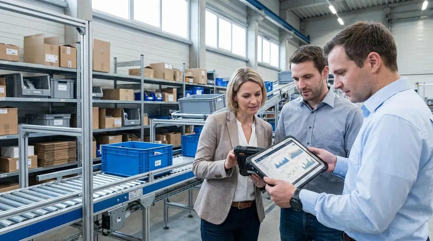 Betriebsleiter und IT-Entscheider analysieren Lagerdaten auf robusten Geräten