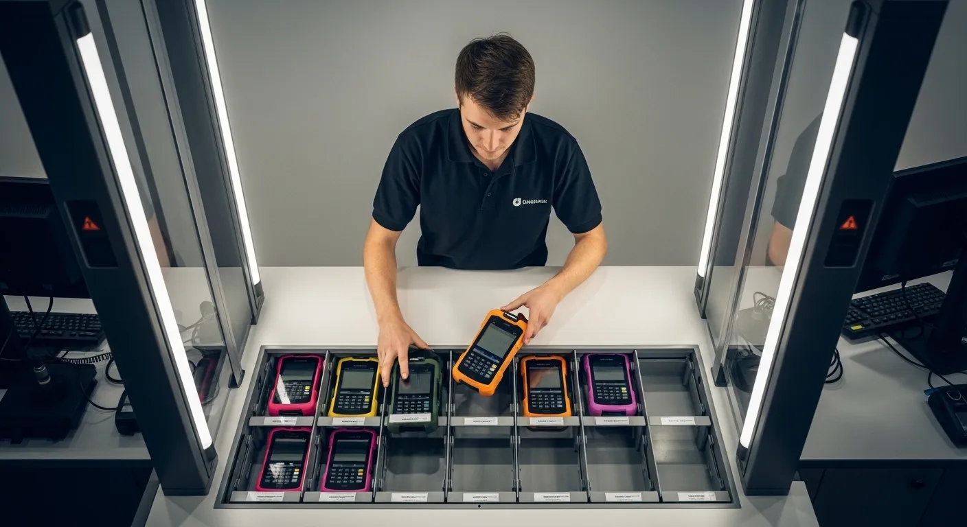 Mitarbeiter ordnet Mobilcomputer mit farbigen Rubber Boots an einer Ausgabestation