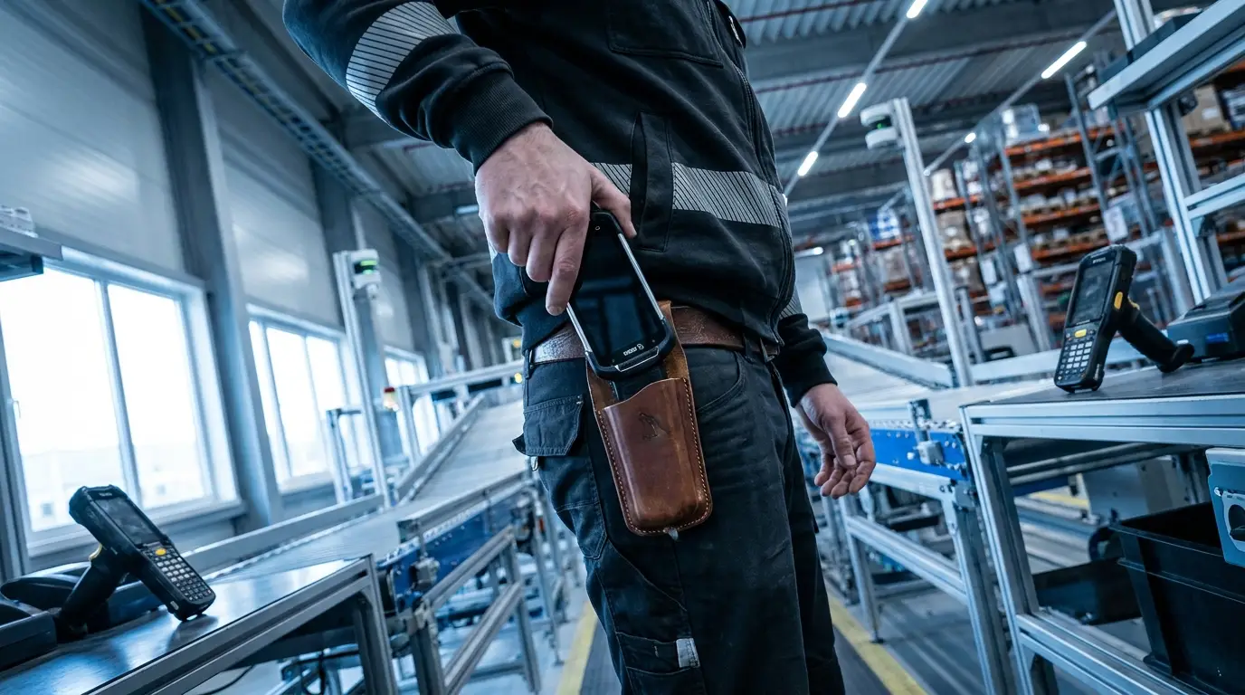 Scanner-Holster mit Zebra Mobilcomputer im Lageralltag