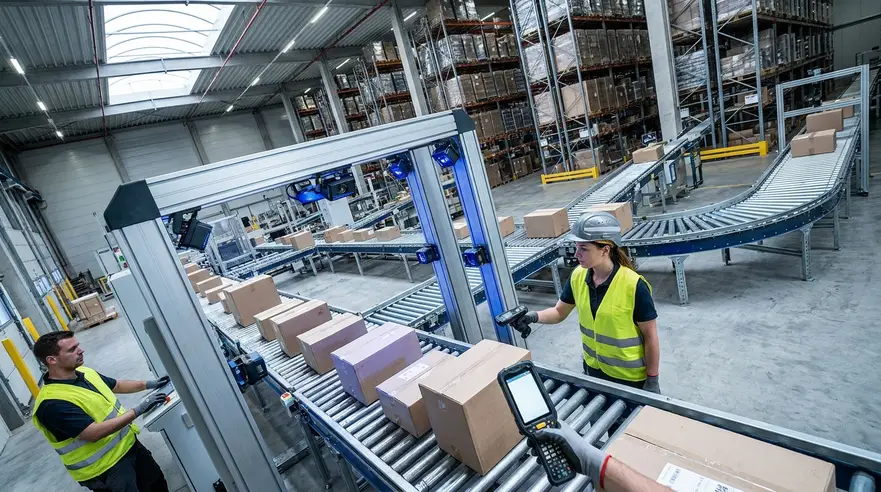 Automatisierte Lagerzone im Einzelhandel mit Fördertechnik und mobilen Geräten
