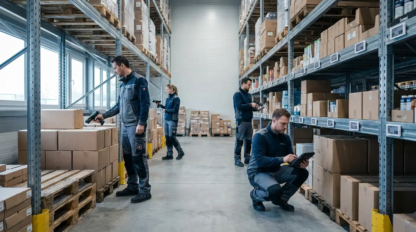 Mitarbeitende im modernen Einzelhandelslager mit mobilen Geräten und übersichtlichen Regalen