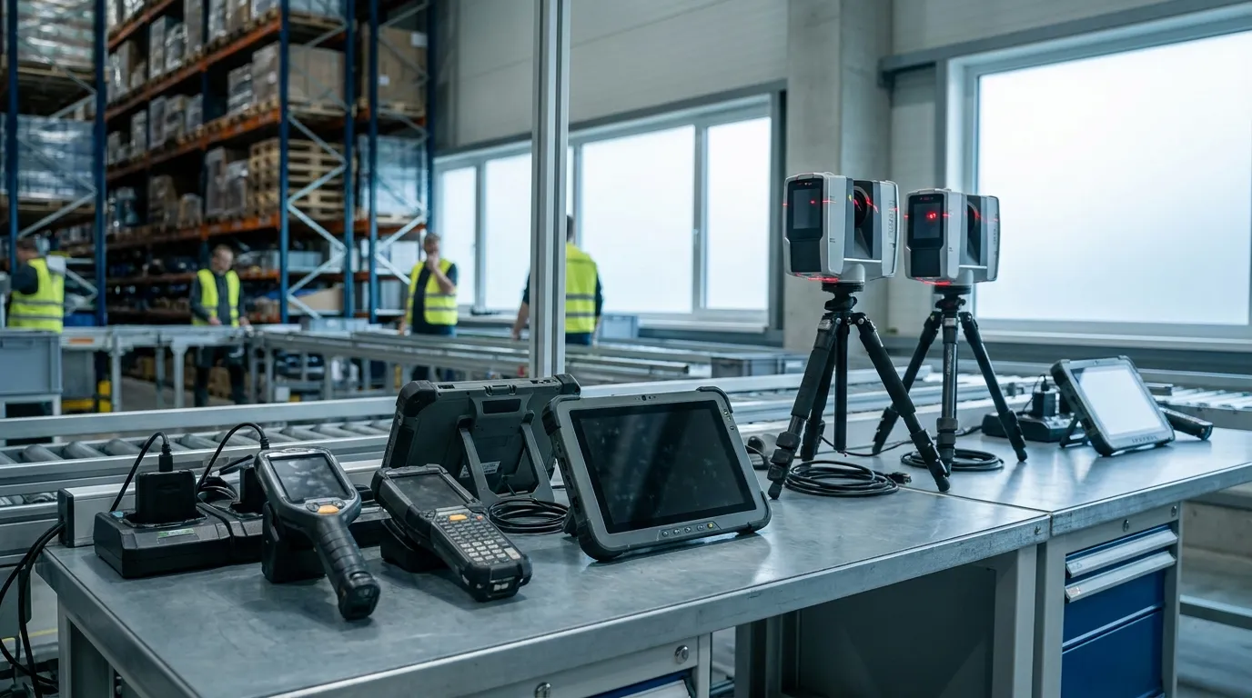 Robuste Mobile Computer und Tablets in einer modernen Lagerumgebung mit Regalen, Rollcontainern und natürlicher Beleuchtung, fotorealistische Texturen, klare industrielle Atmosphäre, kein Text im Bild