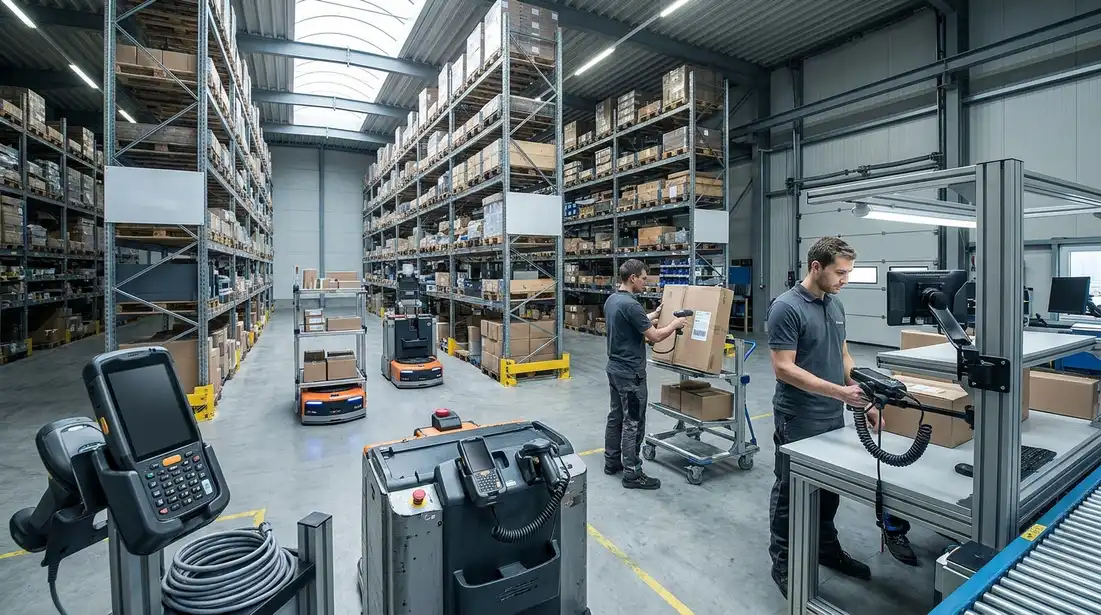 Robuste Barcode-Scanner-Halterungen an einem modernen Lagerarbeitsplatz