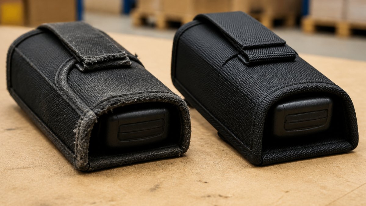 Abgenutztes Cordura Holster mit ausgefransten Nähten im Vergleich zu einem neuen Modell auf einem Lagertisch.