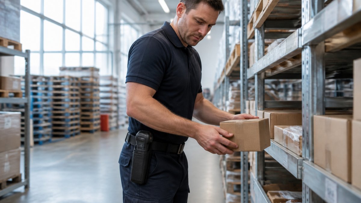 Lagermitarbeiter trägt einen schwarzen Handscanner in einem professionellen Cordura-Holster am Gürtel, während er aktiv in einem modernen Fulfillment-Zentrum kommissioniert - zeigt praktische Trageposition, natürliche Beleuchtung durch große Hallenfenster