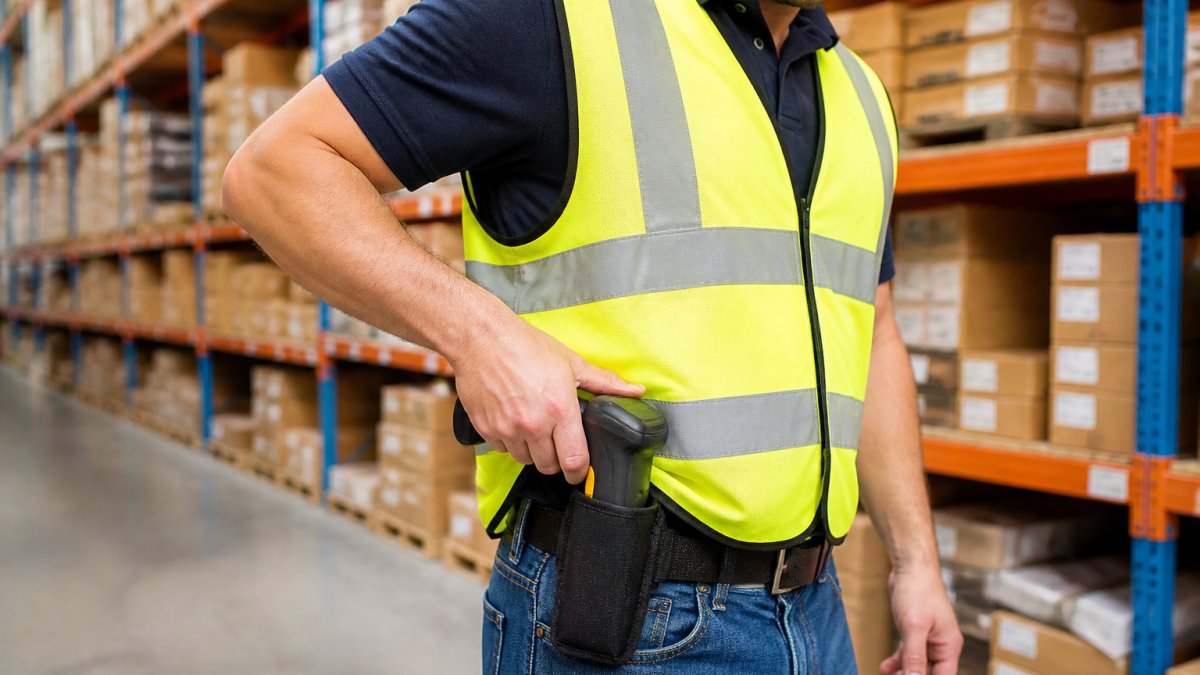 Lagerarbeiter zieht einen Barcode-Scanner aus einem Cordura Holster am Gürtel in einem Fulfillment-Zentrum.
