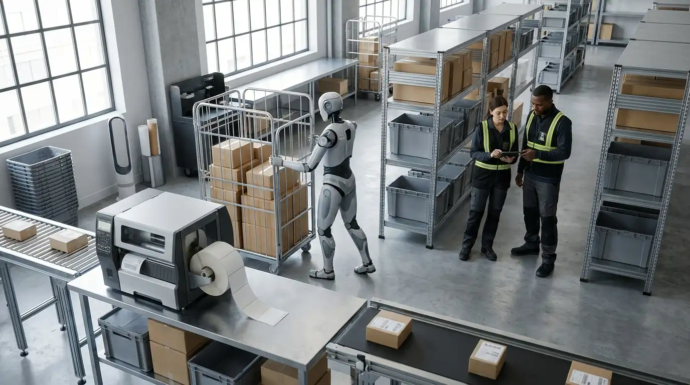 Humanoider Roboter in einer modernen Filiale mit Backroom-Anbindung