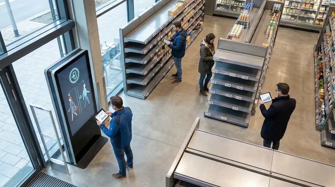 KI-gestützte Digital-Signage-Steuerung in einer modernen Handelsfläche
