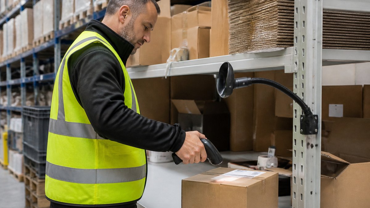 Mitarbeiter scannt ein Paket an einem Packplatz mit montiertem alternativem Logistik-Scanner für effiziente Abläufe.