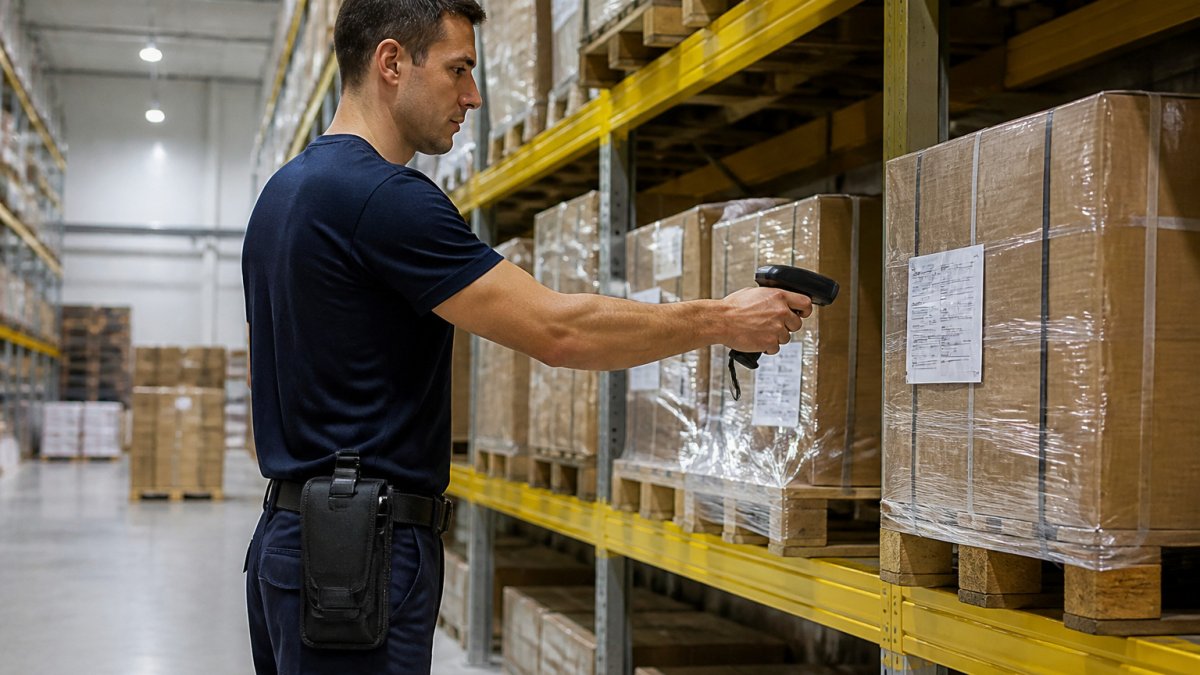 Lagerarbeiter beim Scannen eines Pakets mit einem am Gürtel befestigten Scannerholster in einem Hochregallager