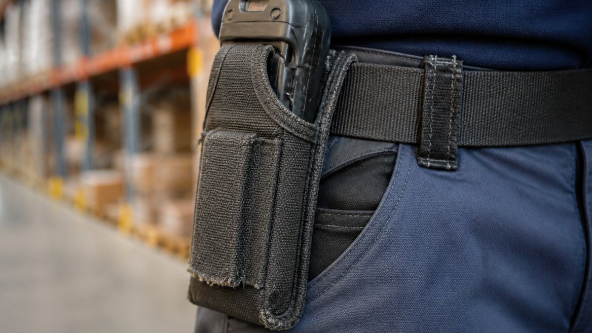 Nahaufnahme eines abgenutzten Cordura-Scanner-Holsters am Gürtel eines Lagerarbeiters, mit sichtbaren Abriebstellen an der Gürtelschlaufe und ausgefransten Nähten, im Hintergrund unscharf ein Kommissionierregal
